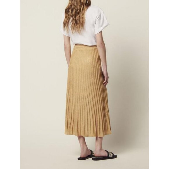 Sandro Emanuelle Metallic Knitted Midi Skirt Pleated High Rise Waisted Slit Gold - Picture 2 of 9